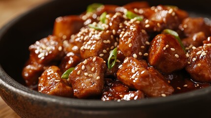 Succulent Gochujang-Marinated Pork Stir-Fry with Sesame Seeds, Close-up Shot with Warm Lighting