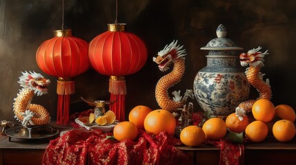 Vibrant Chinese New Year Celebration with Lanterns and Mandarin Oranges