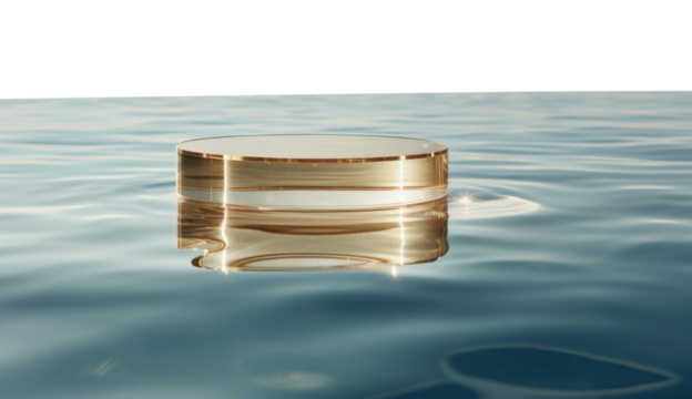 PNG White product podium rests delicately on the surface of crystal-clear water outdoors nature tranquility.