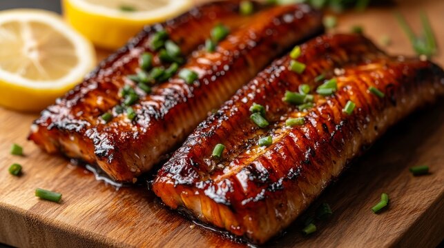 Succulent Grilled Eel (Jangeo Gui) with Chives and Lemon Slices on Wooden Board in Soft Diffused Light.