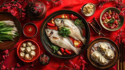 Delectable Chinese New Year Feast with Steamed Fish and Dumplings