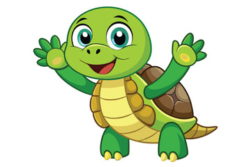 Fototapeta premium A cheerful cartoon turtle waves happily, showcasing its friendly demeanor against a bright, clean white backdrop.