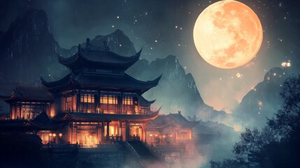 Fototapeta premium Beautiful night scene Chinese temple full moon background mooncakes, mid-autumn festival