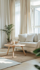 A modern minimalist living room in cream tones features cozy sofa adorned with soft cushions, stylish round coffee table, and touch of greenery from potted plant. natural light enhances serene atmosph