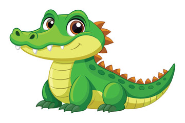 A cheerful cartoon crocodile with big eyes and a friendly smile, resting comfortably on a white background and ready for fun adventures.