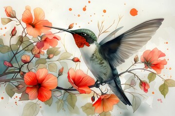 Hummingbird Illustration in Watercolor Art Style, Isolated on White Background