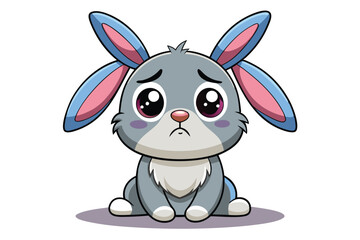 A cute cartoon rabbit with large eyes is sitting on a white background, looking sad and teary, conveying a sense of emotional distress.