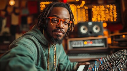 Obraz premium African american Music producer in a recording studio wearing headphones and orange glasses, adjusting sound equipment with a focused expression