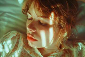 A serene portrait of young woman resting peacefully, illuminated by soft, warm light filtering through window. gentle shadows create calming atmosphere, enhancing beauty of her features