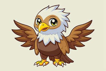 Obraz premium A playful cartoon eagle with big eyes and fluffy feathers is joyfully standing with its wings slightly spread, ready to take flight in a cute illustration.