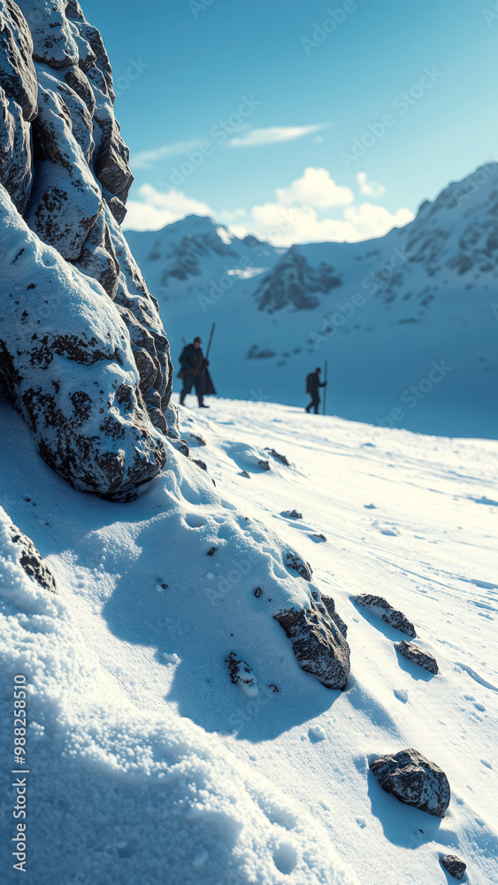 Sticker Winter Mountain Landscape with Silhouettes of Hikers