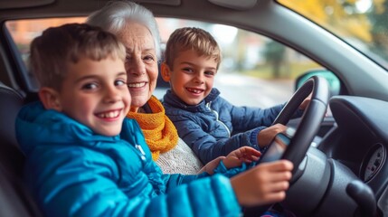 Elderly woman two young boys sitting driver  Happy senior using