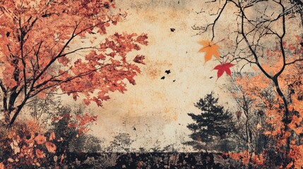 Fototapeta premium Abstract autumn background. Photocopy stippled style with collage elements of autumn