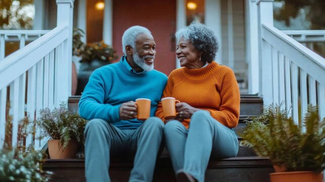 Elderly couple sitting steps house man is wearing A enjoys coffee