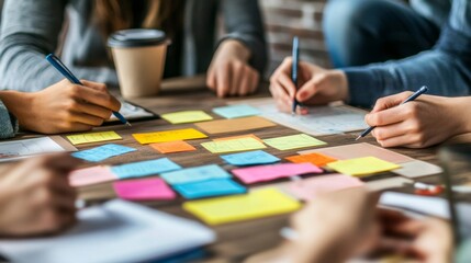 Group people sitting around wooden table covered colorful ?lose-up view of several