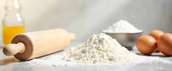 Flour, Eggs, and Rolling Pin on a Countertop