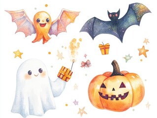 Fototapeta premium Watercolor Halloween Clipart with Ghost, Bat, Pumpkin, and Stars