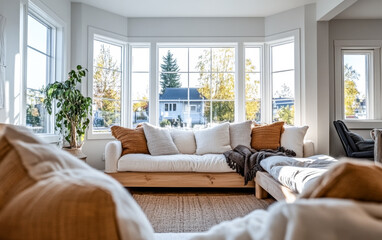 Cozy living room with large windows allowing natural light in a comfortable home setting during autumn afternoons