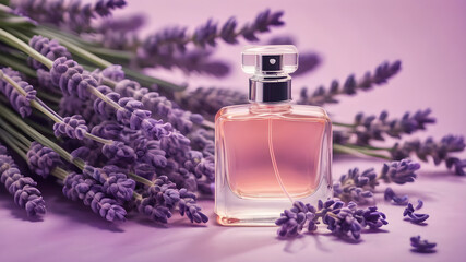A perfume bottle nestled in a bouquet of lavender flowers on a soft pastel purple background
