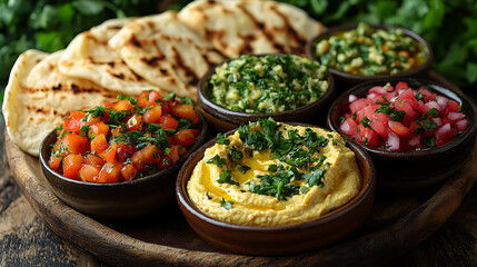 Grilled pita bread served with a variety of dips