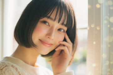 女性, Portrait of a beautiful asian woman with healthy glowing and clear skin with bokeh white theme background, cosmetology or skin care beauty ad mockup with bright sunny daylight 