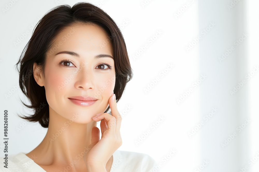 Wall mural 女性, portrait of a beautiful asian woman with healthy glowing and clear skin with bokeh white theme b