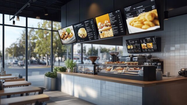 Interior fast food restaurant has modern industrial Blank mock up