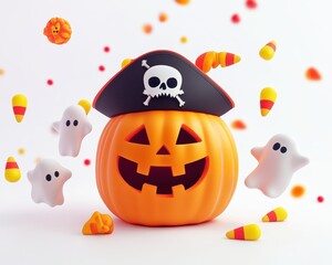 A Jack-o'-lantern Wearing a Pirate Hat Surrounded by Candy Corn and Ghosts