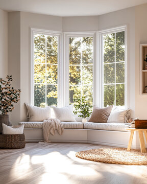 Bright and cozy living room with large bay windows showcasing lush greenery on a sunny afternoon