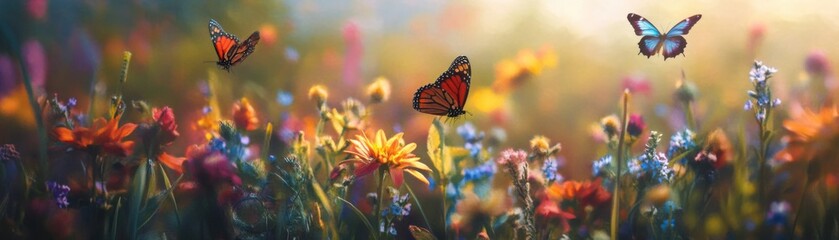 Obraz premium Three butterflies are flying in a field of flowers