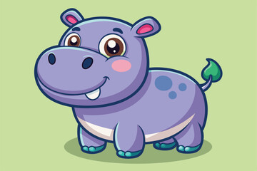 Fototapeta premium A cute cartoon hippo with big eyes and a friendly smile stands cheerfully against a light green background, ready for various playful uses.