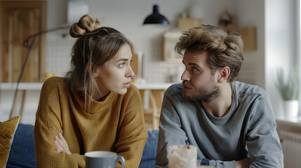 Emotional stressed young couple having argument at home. Portrait of angry irritated man and woman talking and looking at each other with annoyed. Relationship problems, family conf
