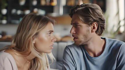 Fototapeta premium Emotional stressed young couple having argument at home. Portrait of angry irritated man and woman talking and looking at each other with annoyed. Relationship problems, family conf