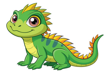 Fototapeta premium A cheerful cartoon iguana with bright colors sits happily against a white background, showcasing its playful character and vibrant spines.