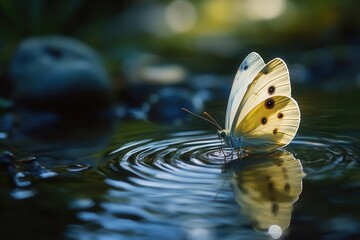 A delicate butterfly resting on a tranquil ponds surface, with gentle ripples extending outward The calming rhythms of water and nature create a peaceful, meditative atmosphere