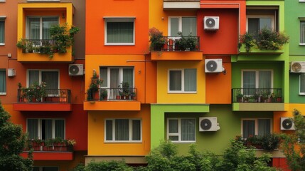 Multi-story building colorful facade is made up multiple A residential apartment