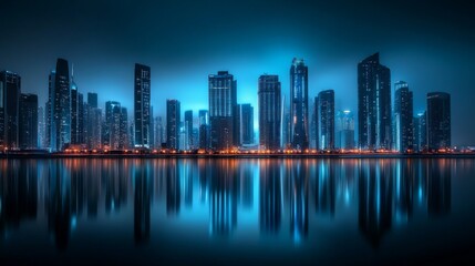 Fototapeta premium Night view city skyline sky dark blue buildings illuminated by