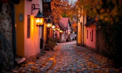 Fototapeta premium Photograph cobblestone street European town during autumn lined dreamy quiet village