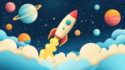 Naklejka premium A cartoon rocket soars into space accompanied by vibrant planets and fluffy clouds capturing the essence of dreams adventure and fresh starts
