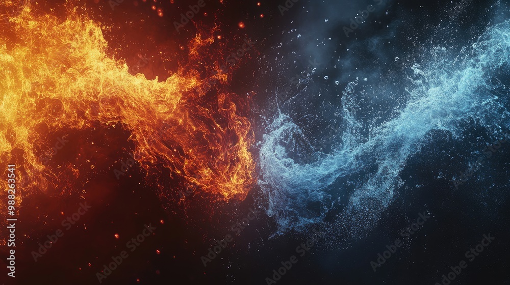 Wall mural dynamic interplay of fire and water on a dark backdrop showcasing the contrast between two elemental