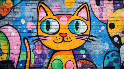 Vibrant cat themed street art displayed as grunge graffiti featuring a playful doodle design