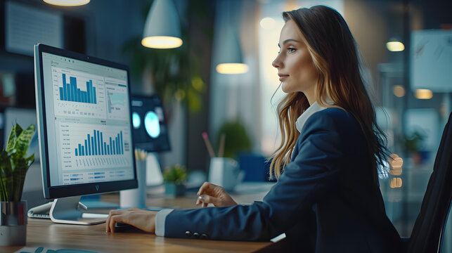 Female accountant working with corporate financial data on computer. Young woman in suit sitting at office desk and looking at business spreadsheets on screen of modern desktop comp