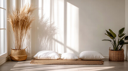 Cozy interior with decorative pillows and plants basking in warm sunlight during the afternoon in a serene living space