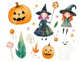 Watercolor Illustration of Halloween Elements with Witches, Pumpkins, and a Ghost