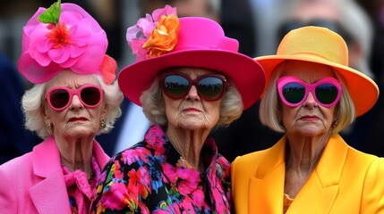 Three elderly women wearing colorful hats sunglasses They vibrant ladies