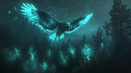 Fototapeta premium Illuminated Falcon Majesty: Glowing Bird of Prey Soaring Over Enchanted Dusk Forest