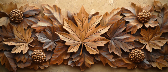Carved natural wooden leaves, featuring detailed maple leaf patterns in a 3D design