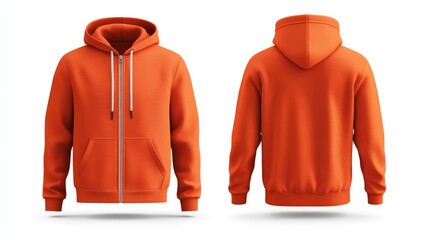 Orange zip up hoodie mockup featuring front and back views on a white background template