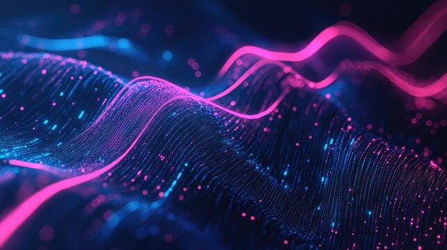 Trendy digital currency analysis featuring blue and pink lines against a dark background