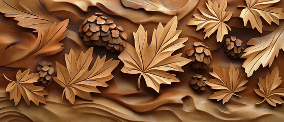 Carved natural wooden leaves, featuring detailed maple leaf patterns in a 3D design